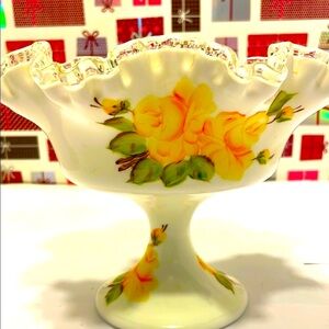 Vintage Fenton Milk Glass White and Yellow Hand painted Ruffled Glass Bowl